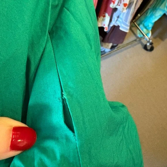 Anthropologie || Maeve Seamed Poplin Origami Pleated Dress Green 14 - Picture 6 of 10